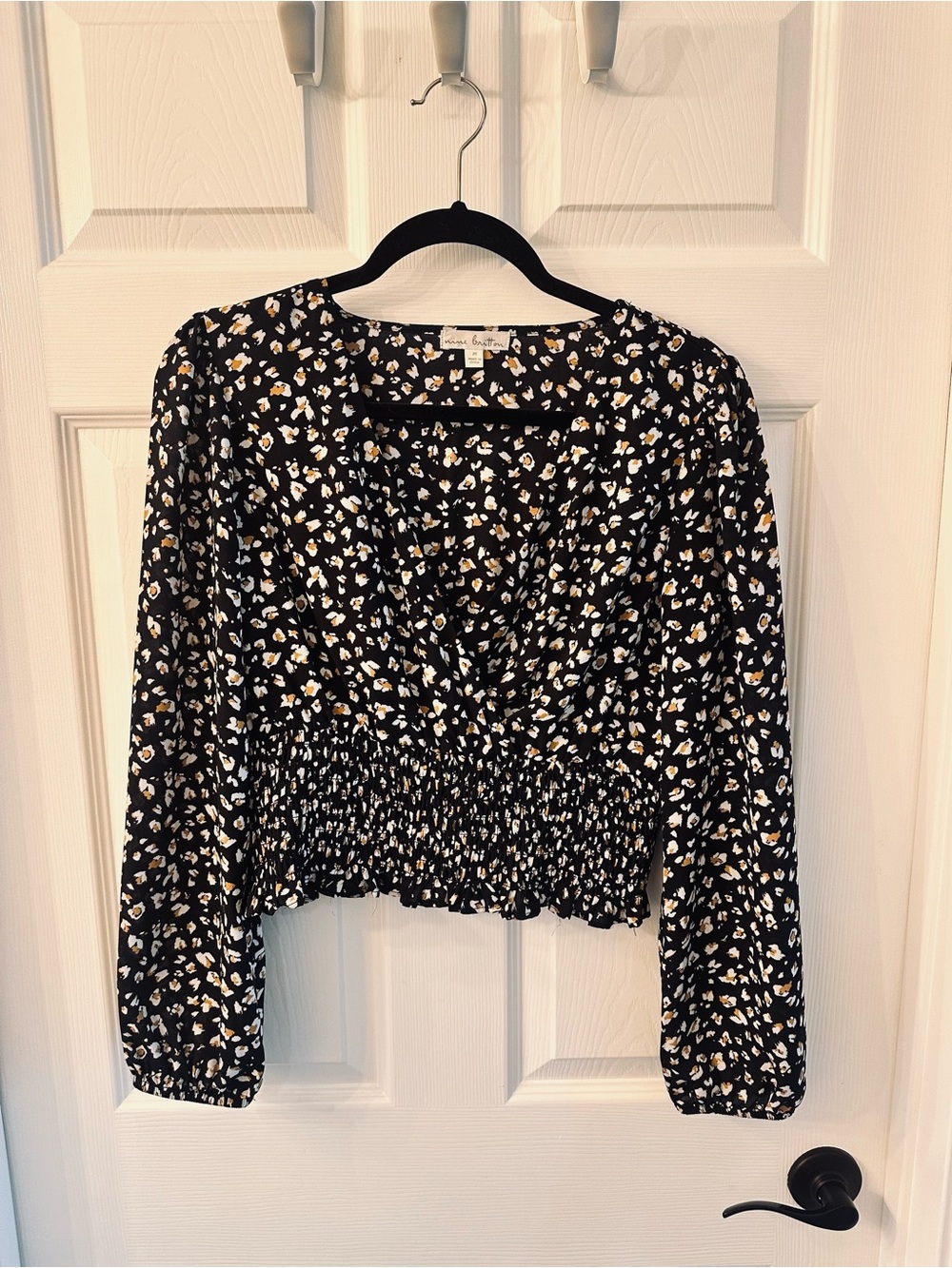 Woven Black Deep V Long-Sleeve Crop Top